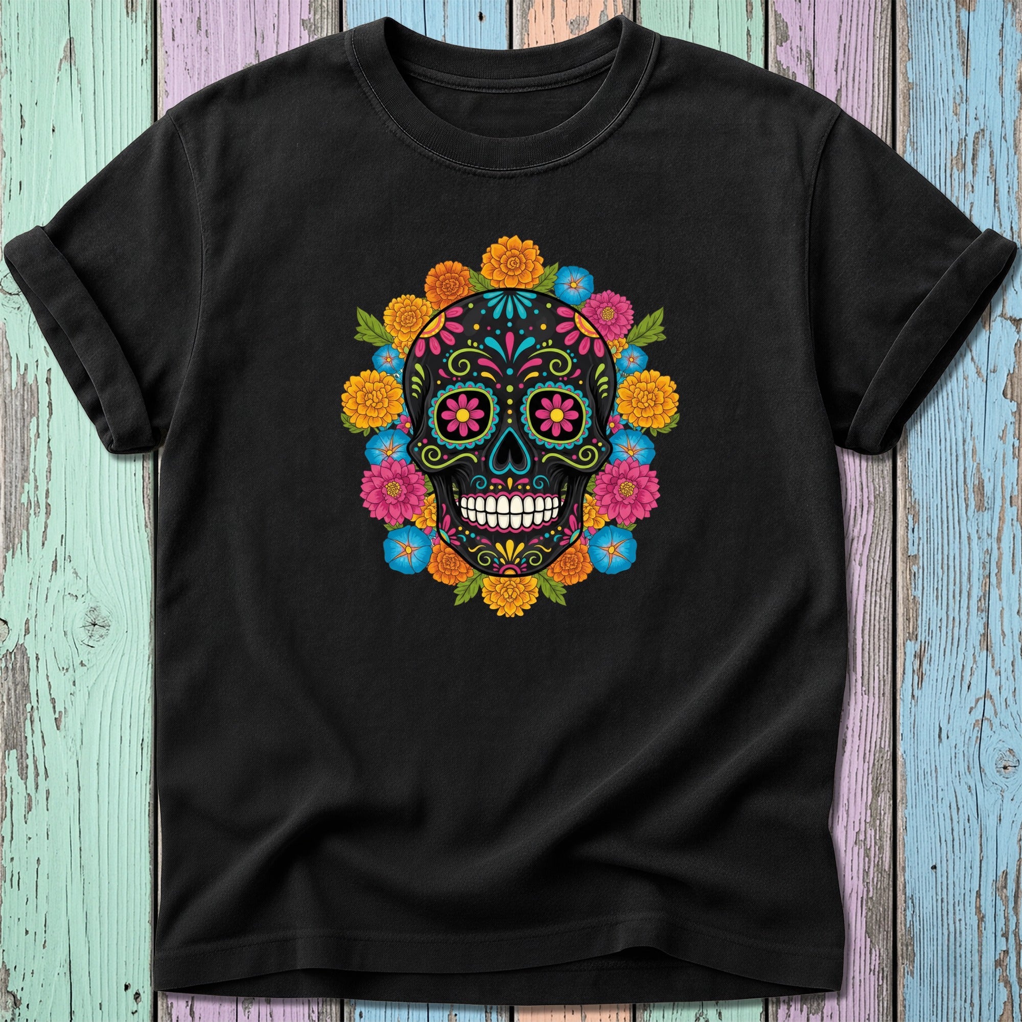 Black t-shirt with colorful floral sugar skull design.