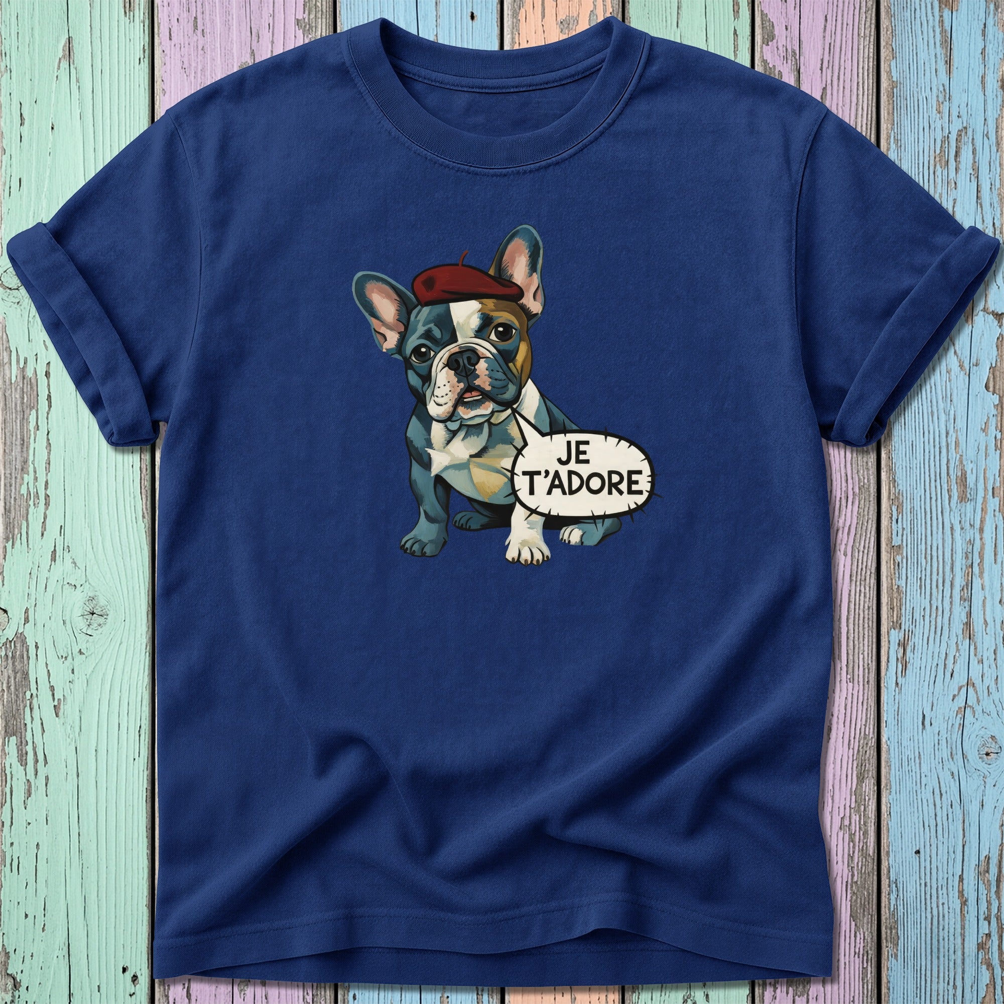 Navy t-shirt with a French bulldog wearing a beret and speech bubble saying "JE T'ADORE".