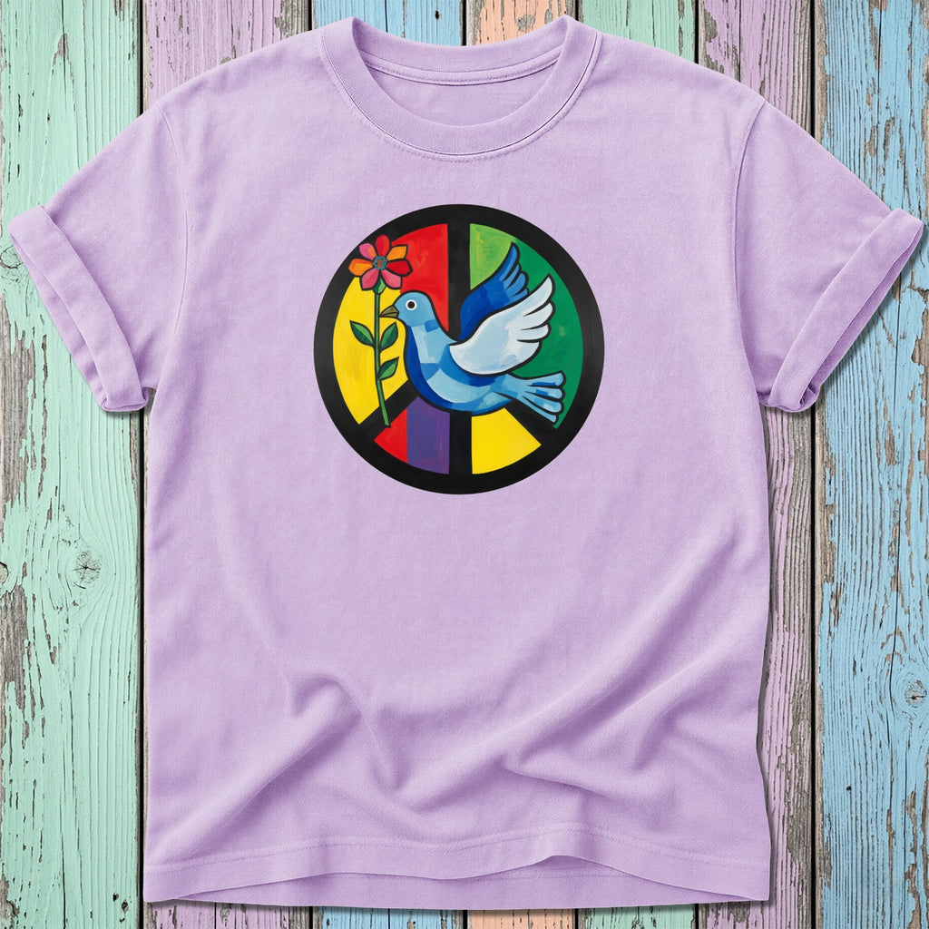 Purple t-shirt with a colorful peace sign featuring a dove and flower.