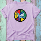 Purple t-shirt with a colorful peace sign featuring a dove and flower.
