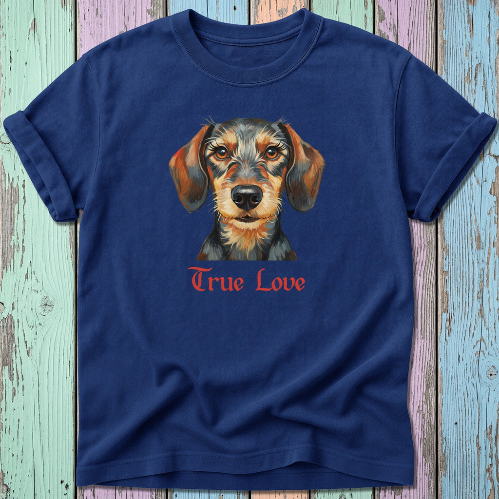 Navy t-shirt with painted dachshund portrait and "True Love" text.