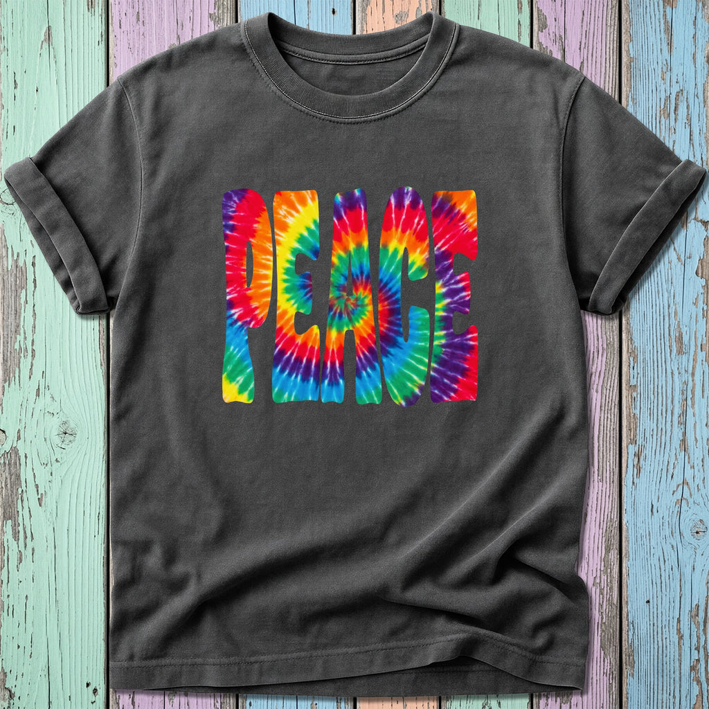 Tie-dye t-shirt with bold "PEACE" lettering in rainbow colors.