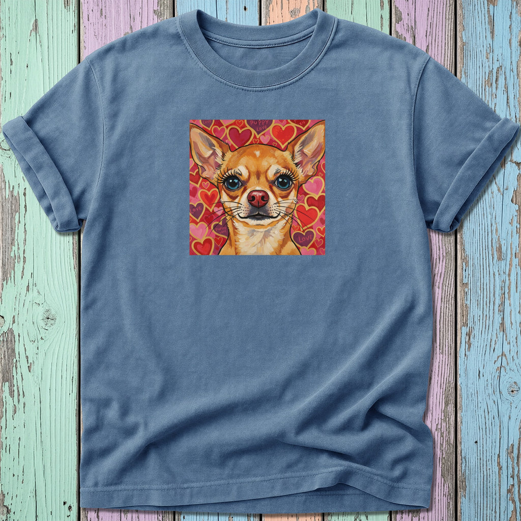 Blue t-shirt with a painting of a chihuahua wearing a heart collar.