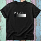 Black t-shirt with white "PEACE" text above a grayscale gradient bar.