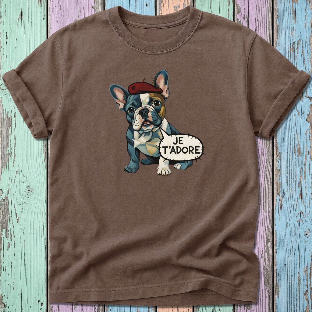 French bulldog wearing a beret with "JE T'ADORE" speech bubble.