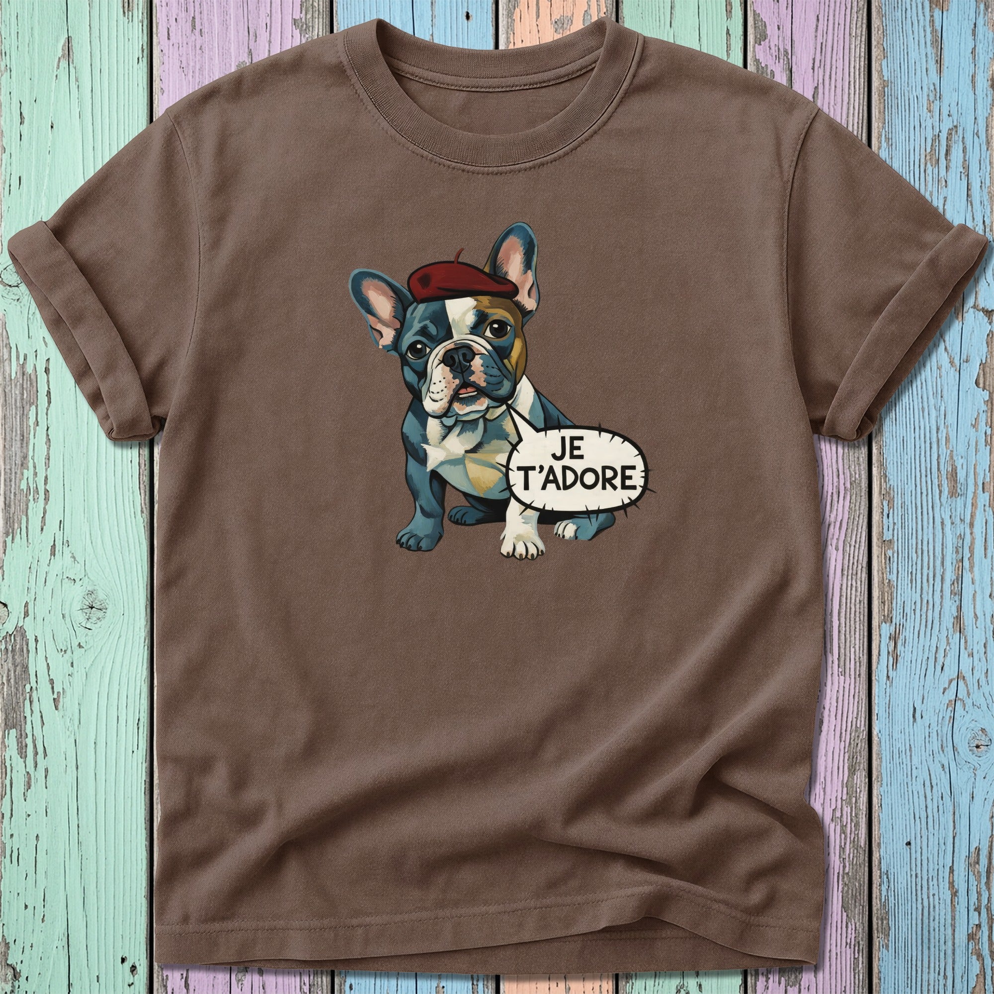 French bulldog wearing a beret with "JE T'ADORE" speech bubble.
