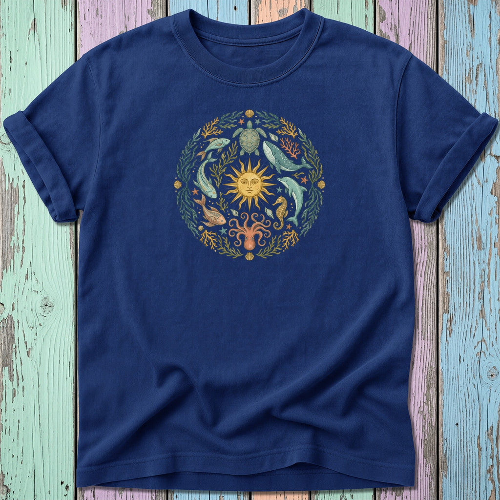 Navy t-shirt with circular ocean life and sun graphic design.