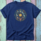 Navy t-shirt with circular ocean life and sun graphic design.
