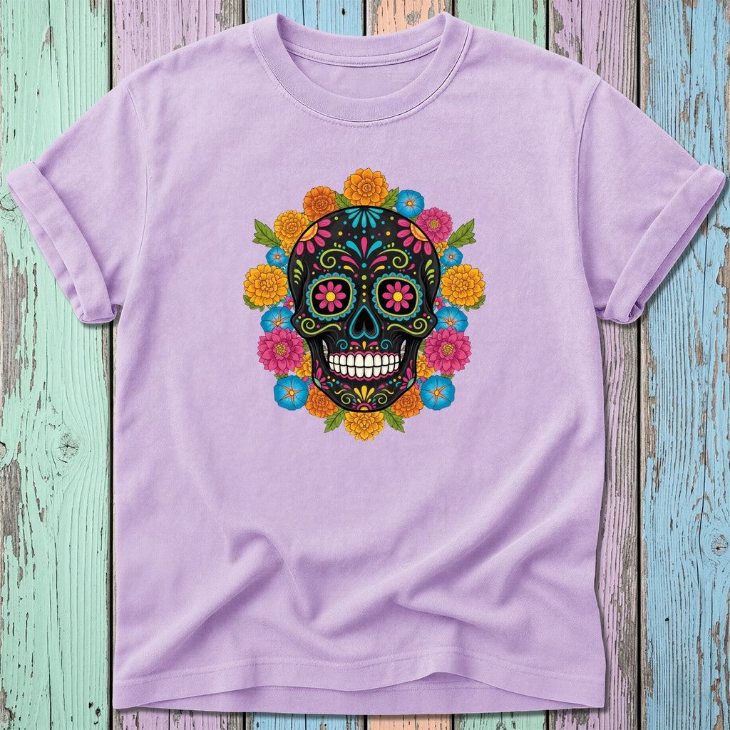 Purple t-shirt with a colorful floral sugar skull graphic.
