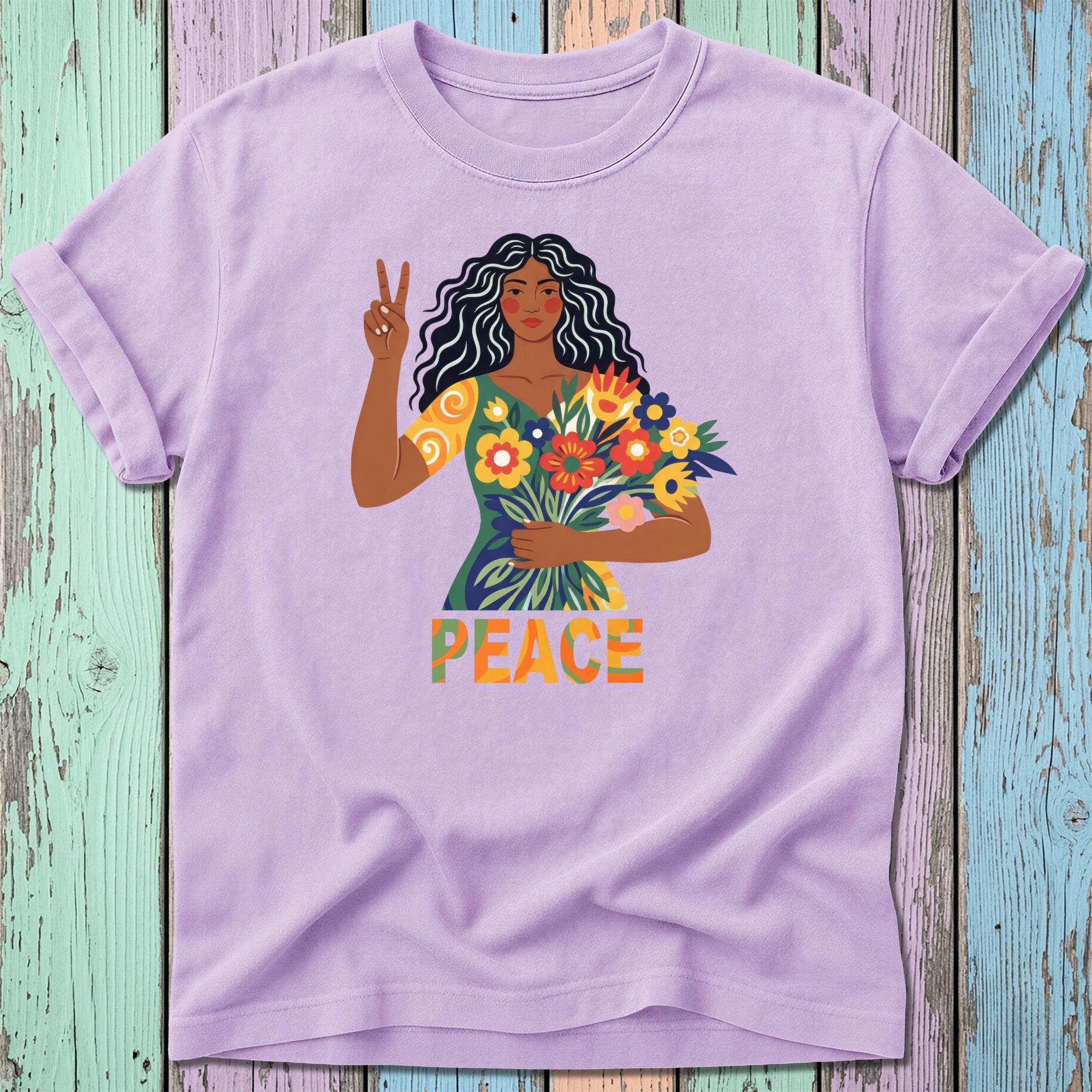 Woman holding flowers and showing peace sign, "PEACE" text on t-shirt.
