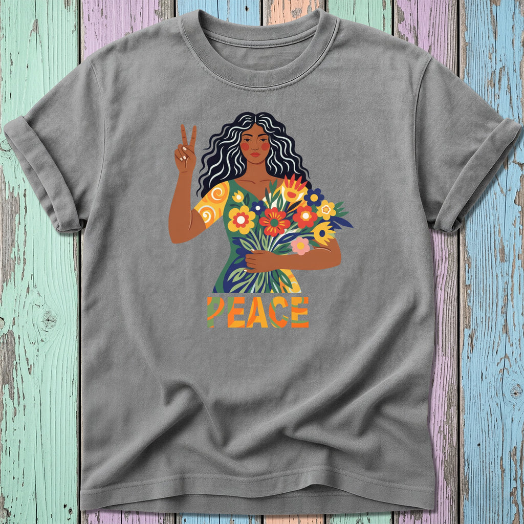 Woman with flowers and peace sign, text "PEACE".
