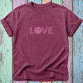 Maroon t-shirt with "LOVE" and a peace symbol graphic.