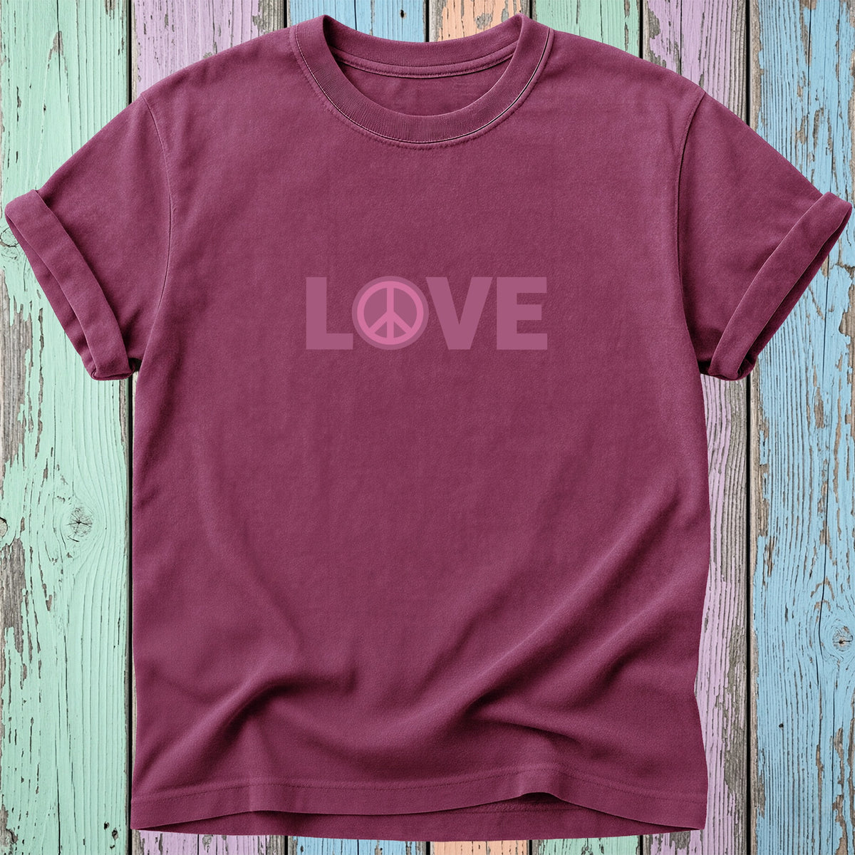 Maroon t-shirt with "LOVE" and a peace symbol graphic.
