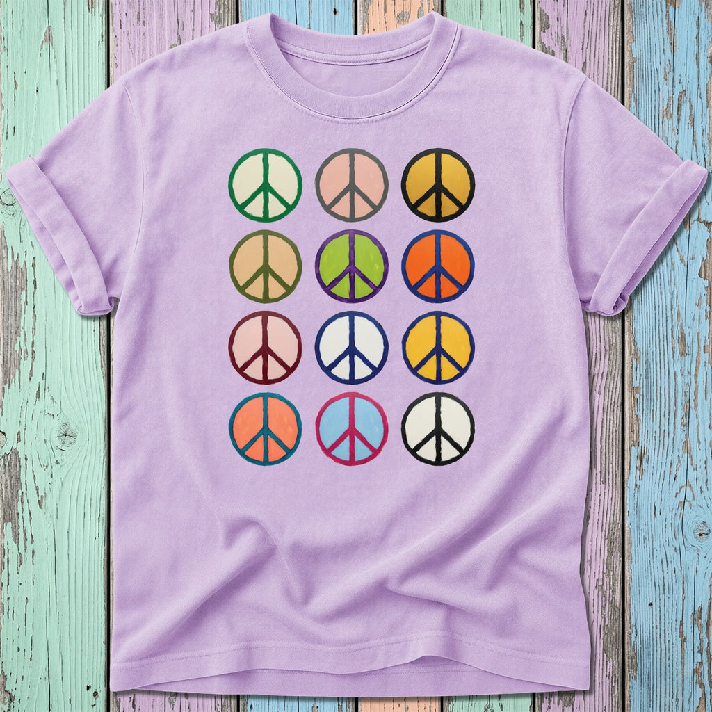 Purple t-shirt with a grid of colorful peace signs.