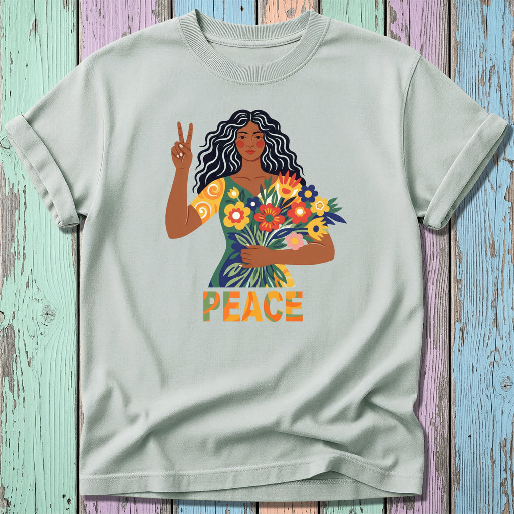 Woman holding flowers with "PEACE" text, giving peace sign.