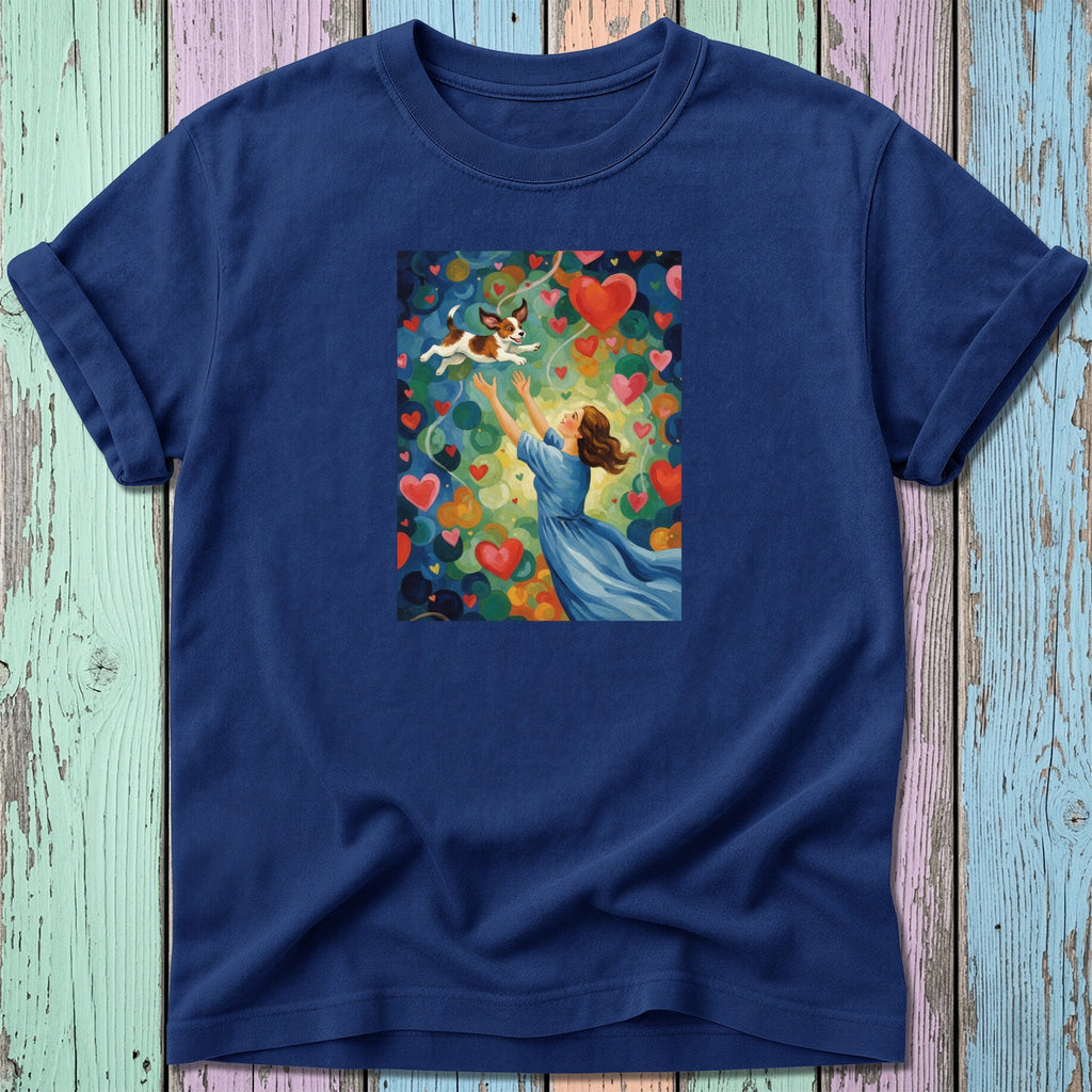 Woman throwing dog in air with hearts and flowers against colorful background.