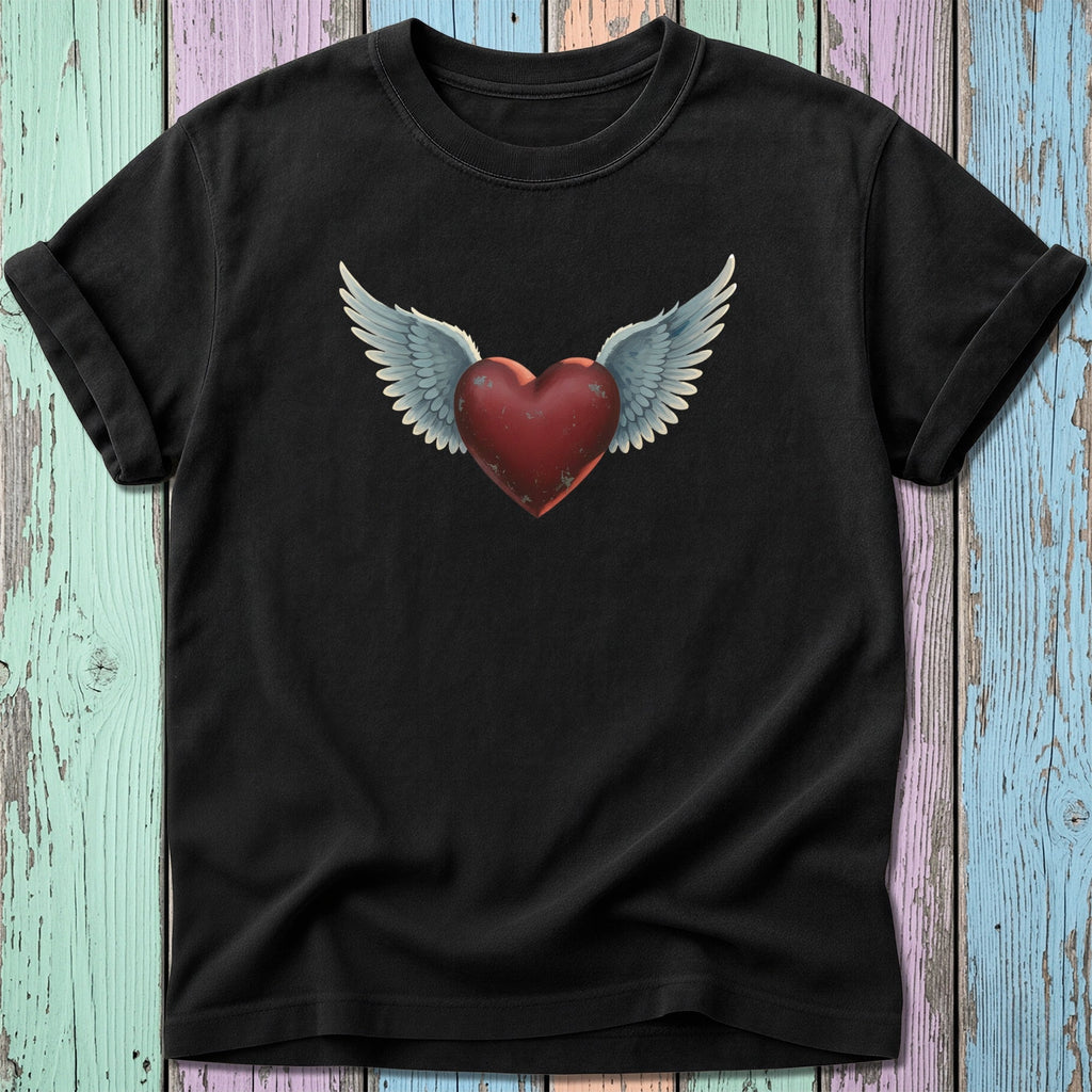 Black t-shirt with a distressed red heart and white wings graphic.