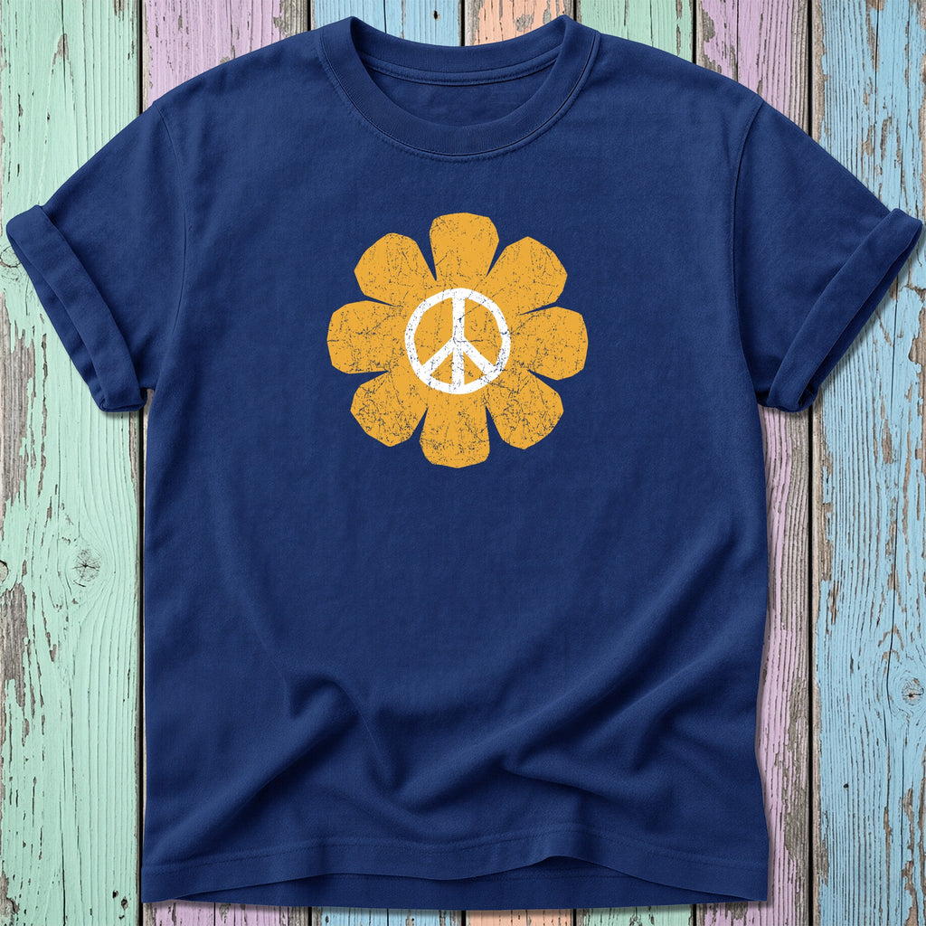 Navy t-shirt with a distressed yellow peace sign flower graphic.