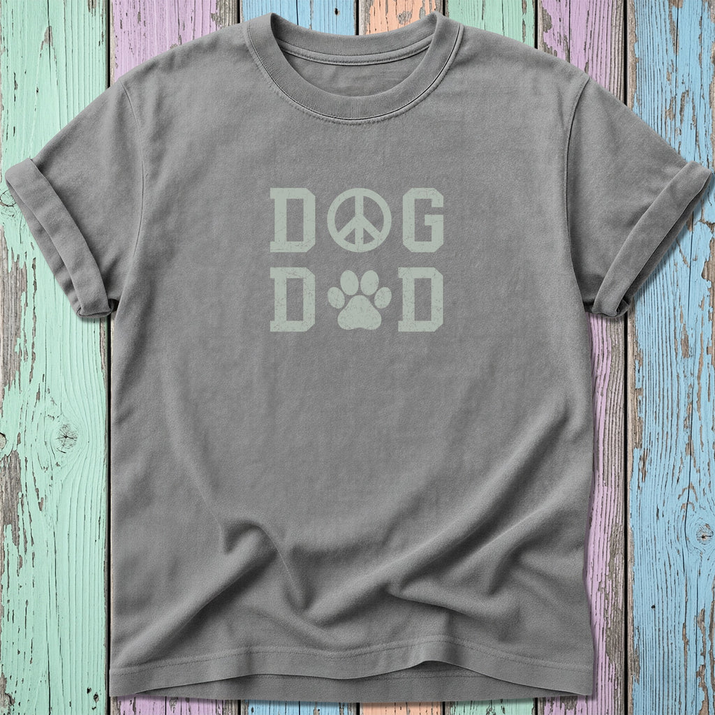 Gray tee with "DOG" and peace symbol, "DAD" and paw print graphics.