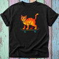 Black t-shirt with illustration of an orange tabby cat riding a skateboard.