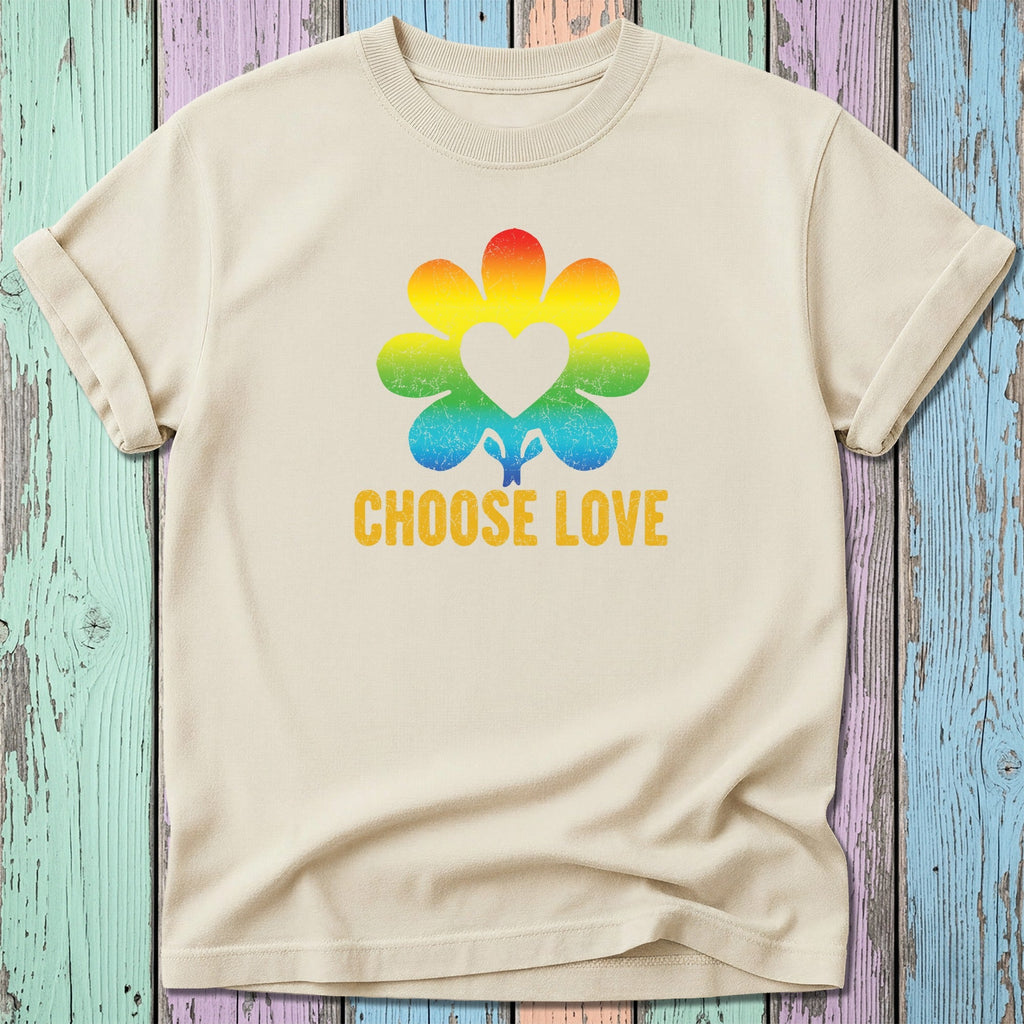 Cream t-shirt with rainbow flower design and "CHOOSE LOVE" text.