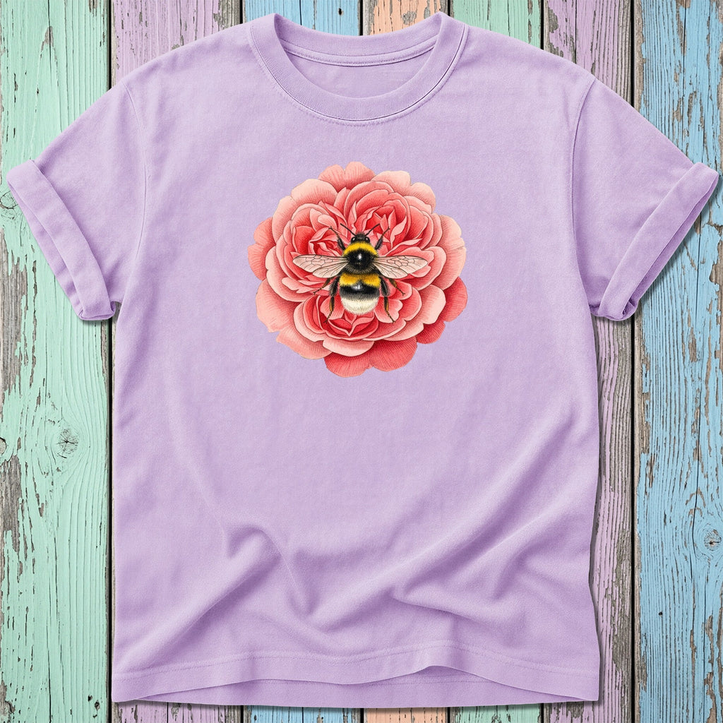 Lilac t-shirt featuring a realistic bee on a pink rose.