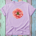 Lilac t-shirt featuring a realistic bee on a pink rose.
