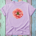 Lilac t-shirt featuring a realistic bee on a pink rose.