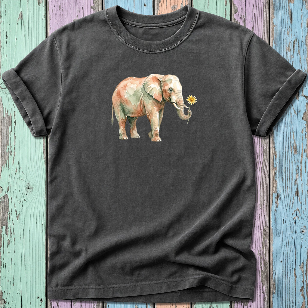 Watercolor elephant with a daisy on a charcoal t-shirt.