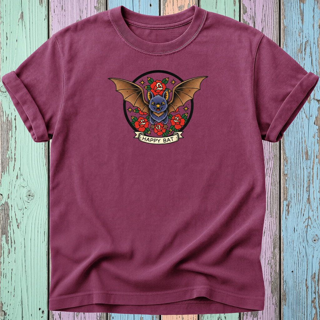 Maroon t-shirt with a circular graphic of a cartoon bat with roses and "HAPPY BAT".