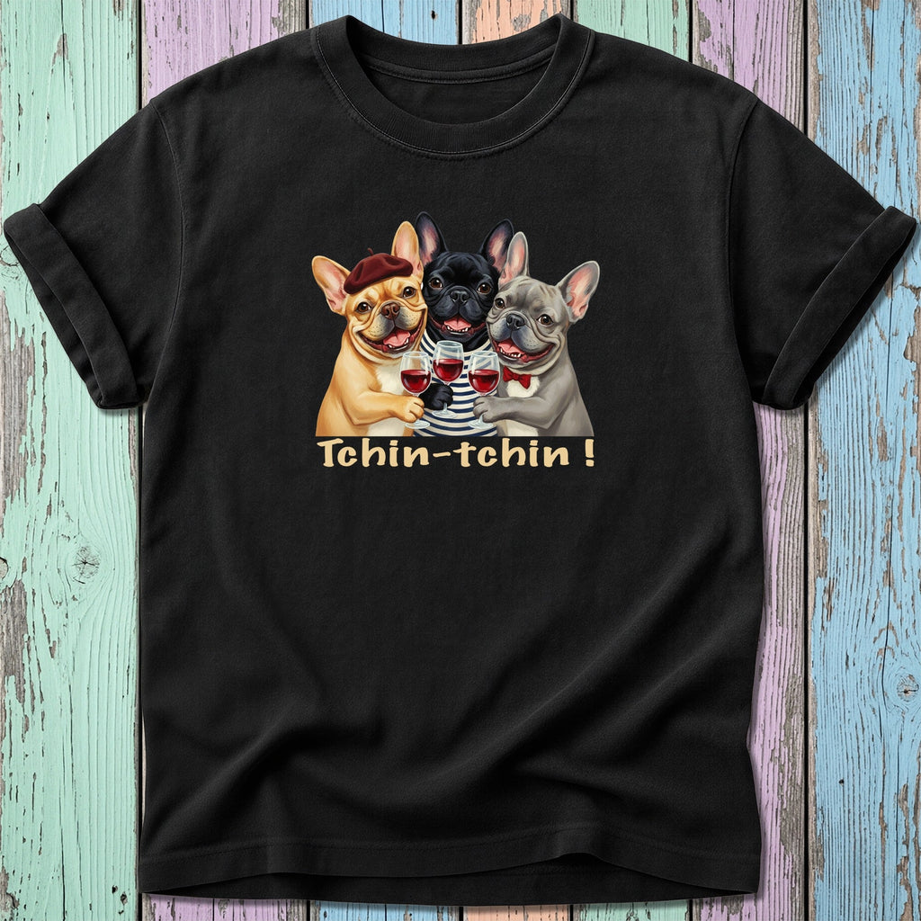 Three French Bulldogs in stylish hats toast with wine glasses on a black t-shirt.