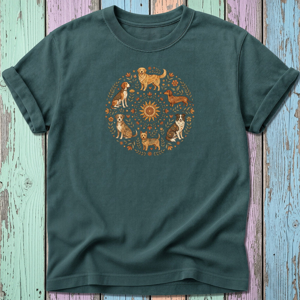 Dark green t-shirt with a circular dog and floral design on the chest.