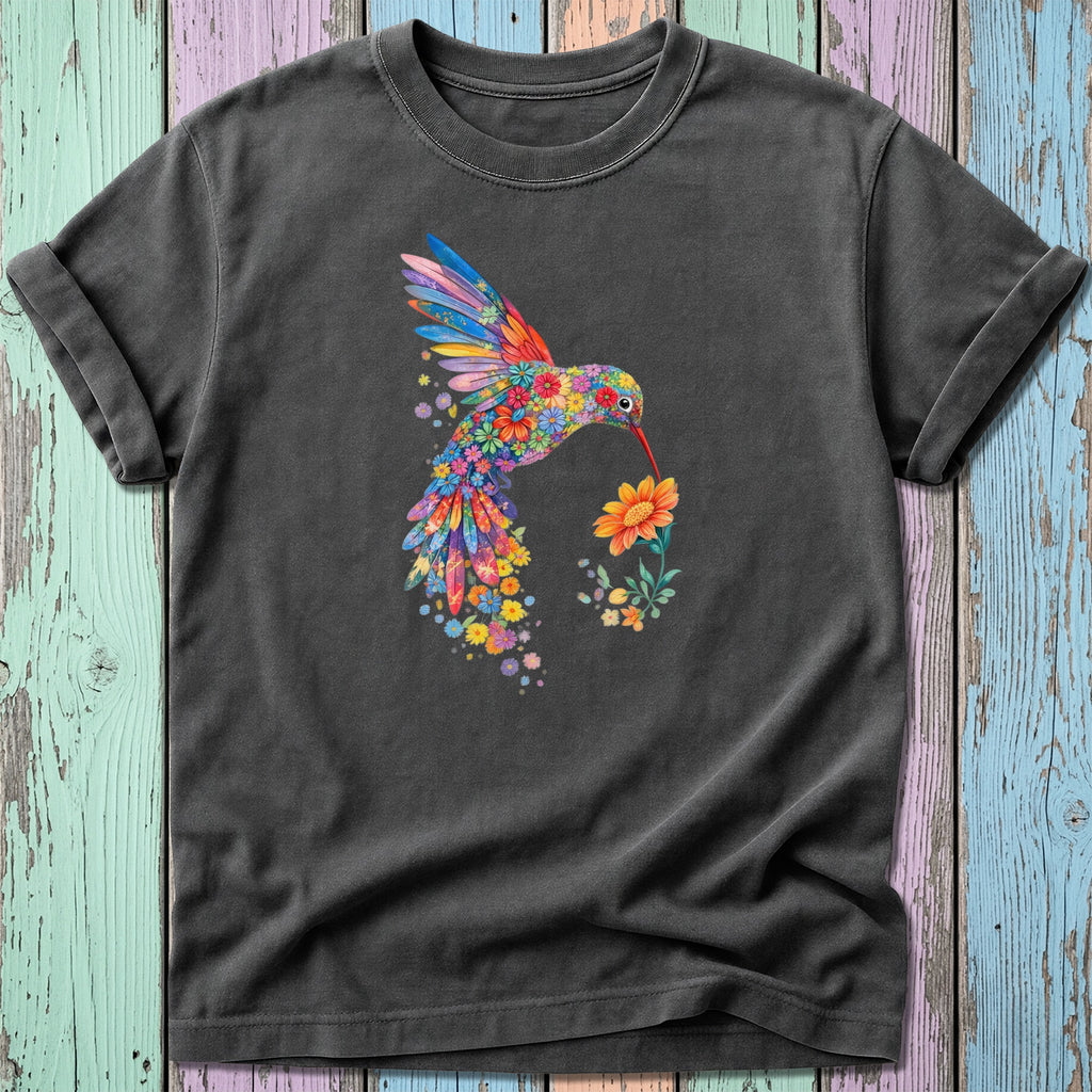 Dark t-shirt with colorful floral hummingbird drinking from a flower.