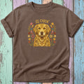 Brown t-shirt with a golden retriever surrounded by colorful flowers and the text "LE CHIEN".
