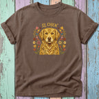 Brown t-shirt with a golden retriever surrounded by colorful flowers and the text "LE CHIEN".