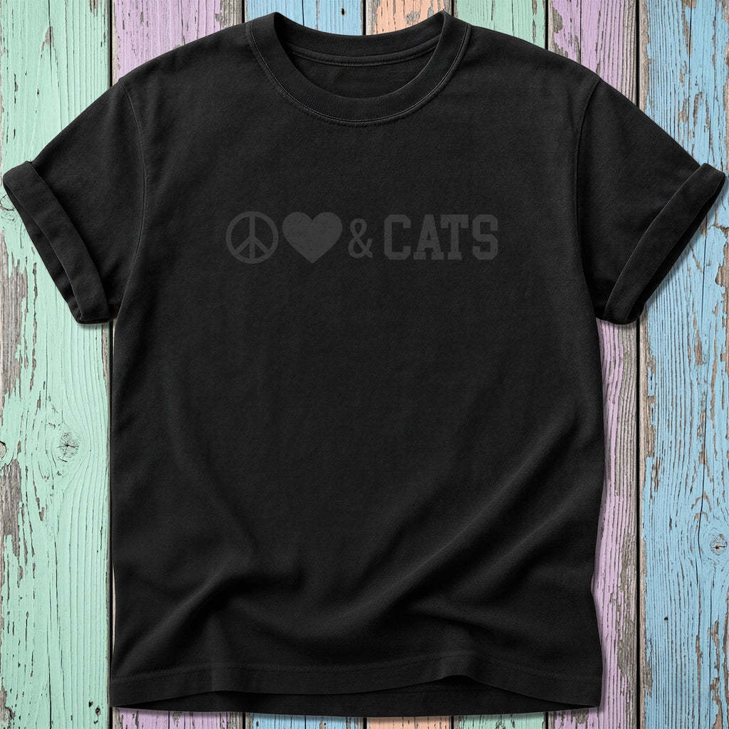 Black t-shirt with peace symbol, heart, and "Cats" graphic.