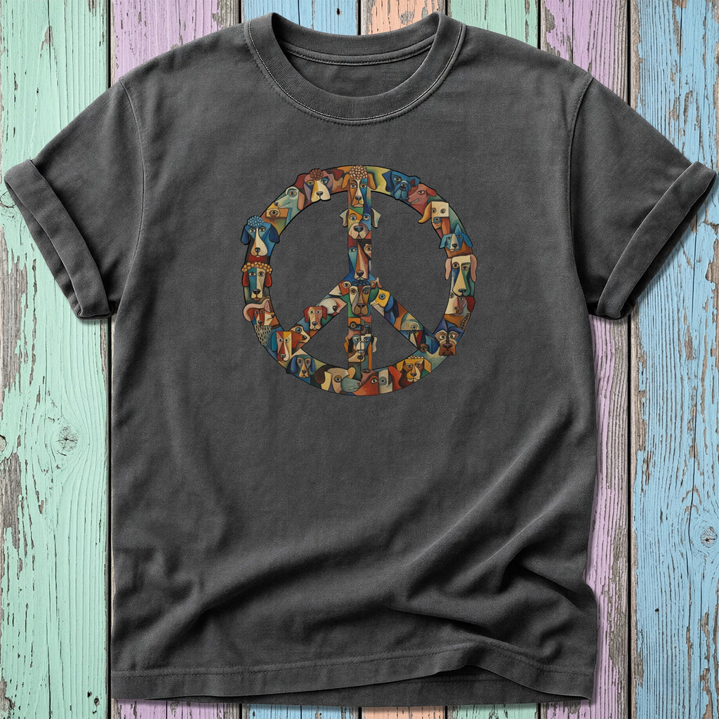T-shirt with a peace sign made of colorful dog faces.