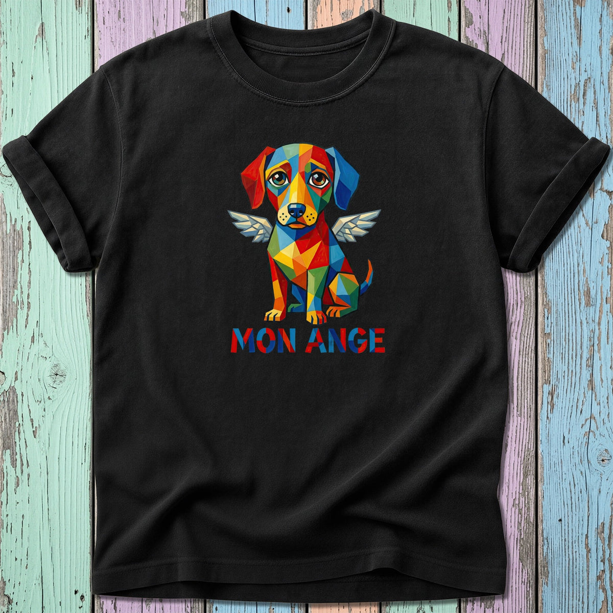 Black t-shirt with a geometric, colorful dog with wings and the text "MON ANGE".