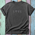 Dark gray t-shirt with "LOVE" and a flower heart graphic on the front.