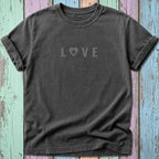 Dark gray t-shirt with "LOVE" and a flower heart graphic on the front.