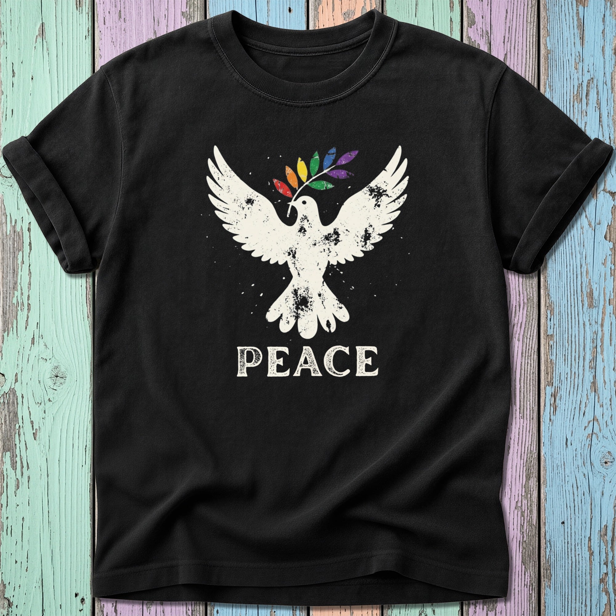 Black t-shirt with distressed dove holding rainbow branch and "PEACE" text.
