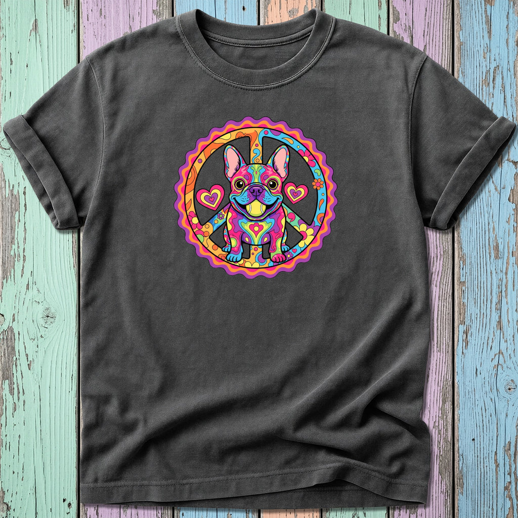 Dark gray t-shirt with colorful peace sign and smiling French bulldog graphic.