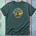 Dark green t-shirt featuring a circular, colorful depiction of a tree and the word "STRENGTH".