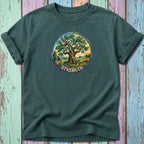 Dark green t-shirt featuring a circular, colorful depiction of a tree and the word "STRENGTH".