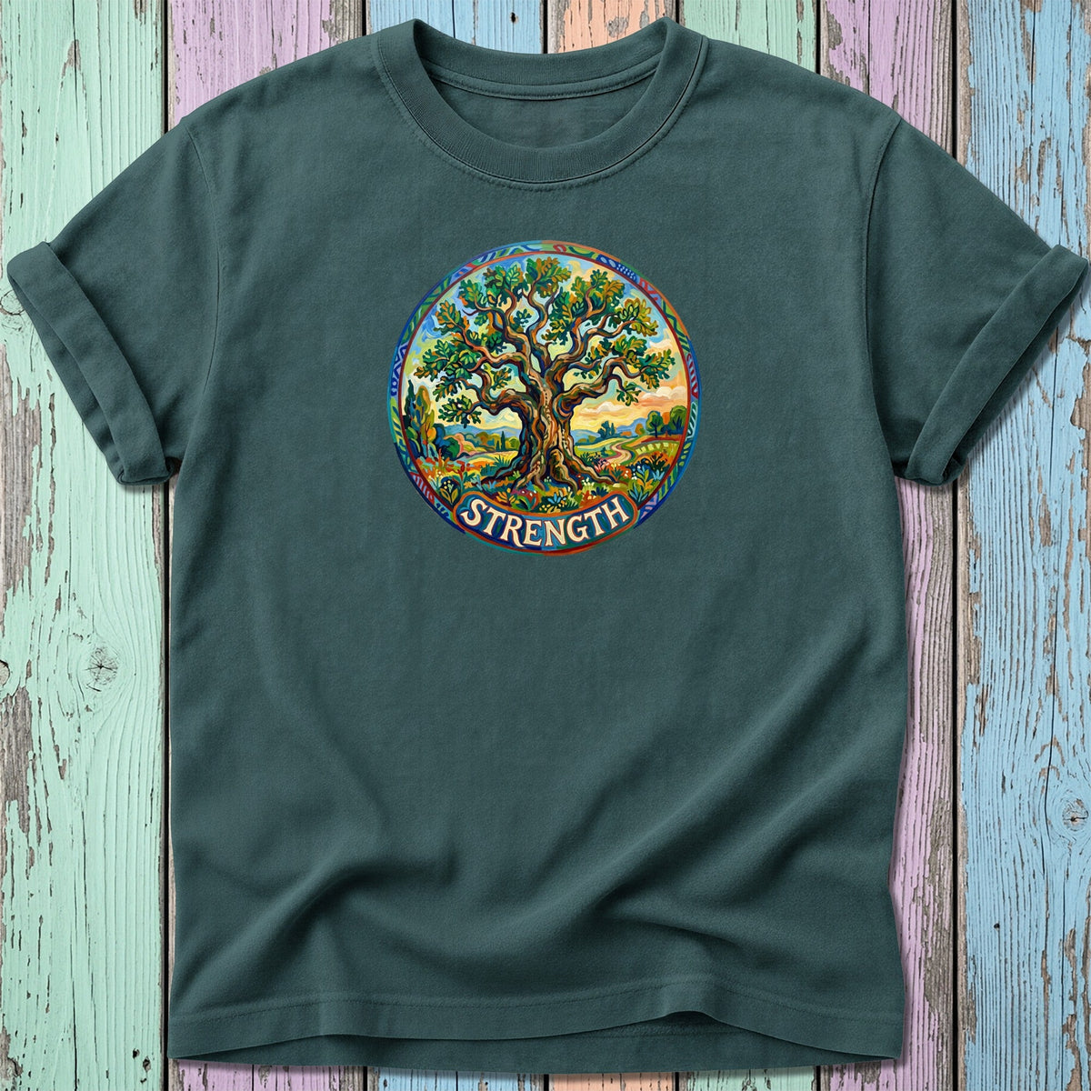 Dark green t-shirt featuring a circular, colorful depiction of a tree and the word "STRENGTH".
