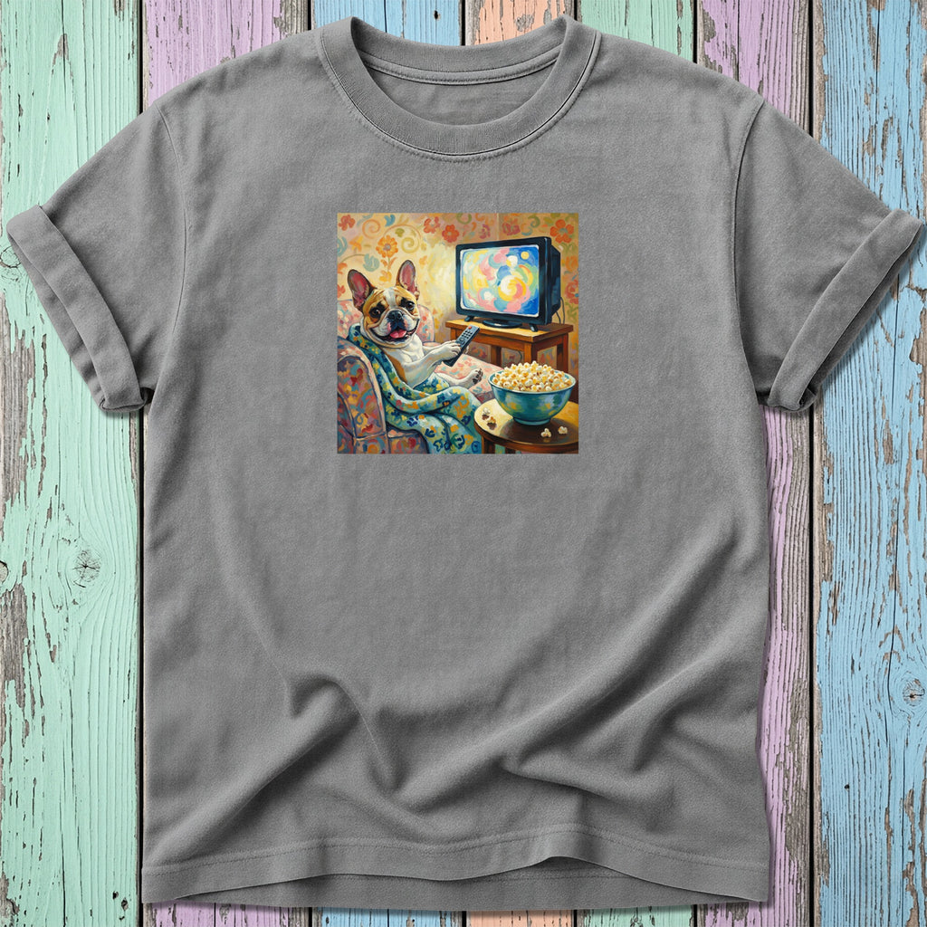 French bulldog in blanket watching TV with popcorn, on a gray t-shirt.