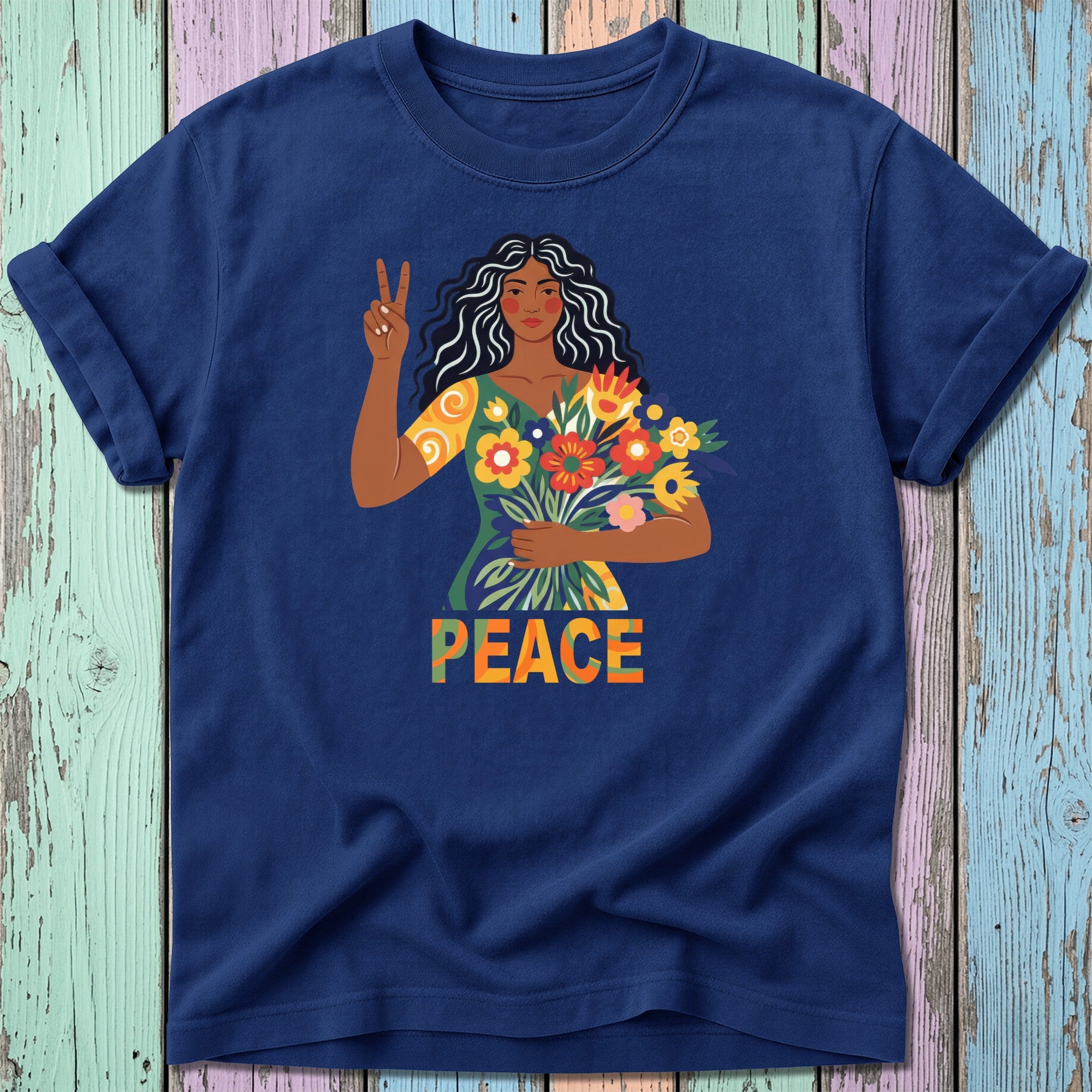 Dark blue t-shirt with graphic of woman holding flowers and the word PEACE.