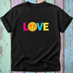 Black t-shirt with colorful "LOVE" text and peace sign graphic.