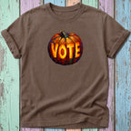 Brown t-shirt with a colorful, stylized pumpkin graphic that says "VOTE".
