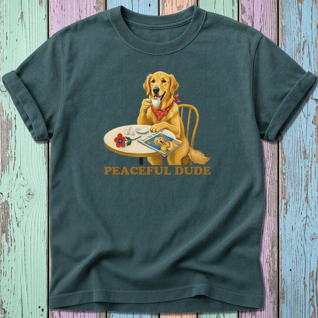 Golden retriever wearing a bandana drinks coffee next to a magazine.